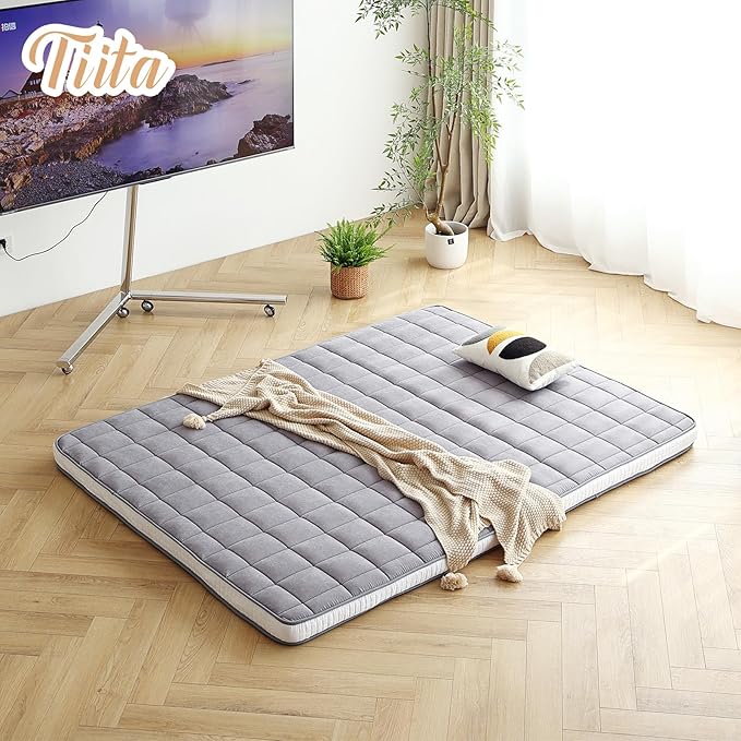 Tiita Futon Mattress 4” Thick Folding Roll Up Sleeping Pad with Bag & Strap, Bed Topper Mat for Guest, Lounger and Tavel, Gray,Queen Size