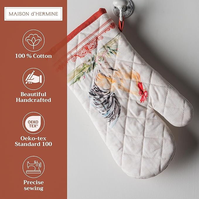 Maison d'Hermine Oven Gloves 100% Cotton Oven Mitt 7" x 13" with Loop Heat Resistant, BBQ, Cooking Gloves, Baking, Grilling, Kitchen, Handling Hot Pans Spring/Summer (Pack of 1, Campagne)