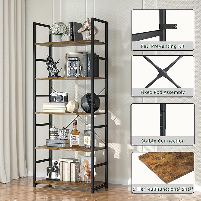 OTK 5 Tier Bookshelf, Tall Bookcase, Office Shelf Storage Organizer, Modern Book Shelf for Living Room, Bedroom, and Home Office, Vintage