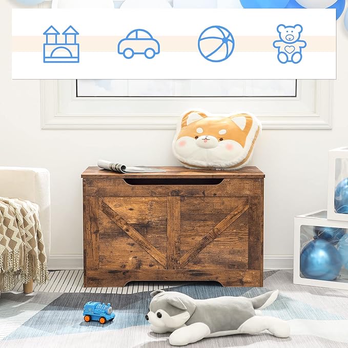 HOOBRO Storage Bench, 29.5” Retro Wooden Storage Chest with U-Shaped Cut-Out Pull, Safety Hinge, Supports 220 lb and Easy Assembly for Toy Box Organizer (Rustic Brown) BF77CW01