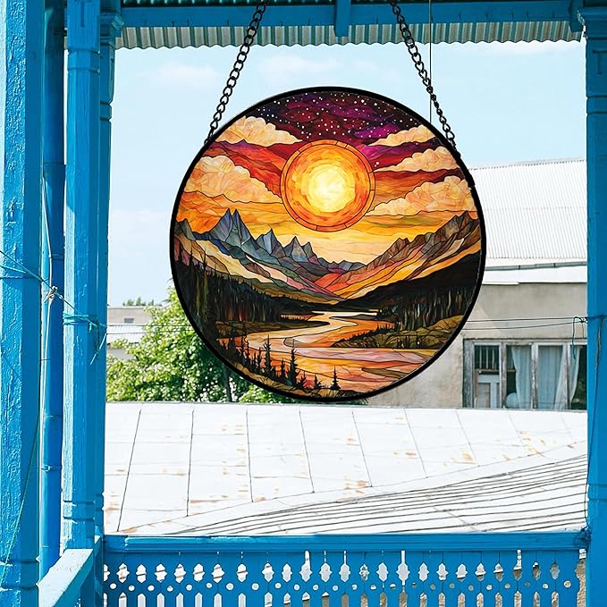 Stained Glass Window Hanging, Dusk Sunset Landscape Sun Catchers Glass Panel Lakes and Mountains Suncatcher Decor for Birthday for Women, Men, Wife, Aunt, and Mom 14.9 in