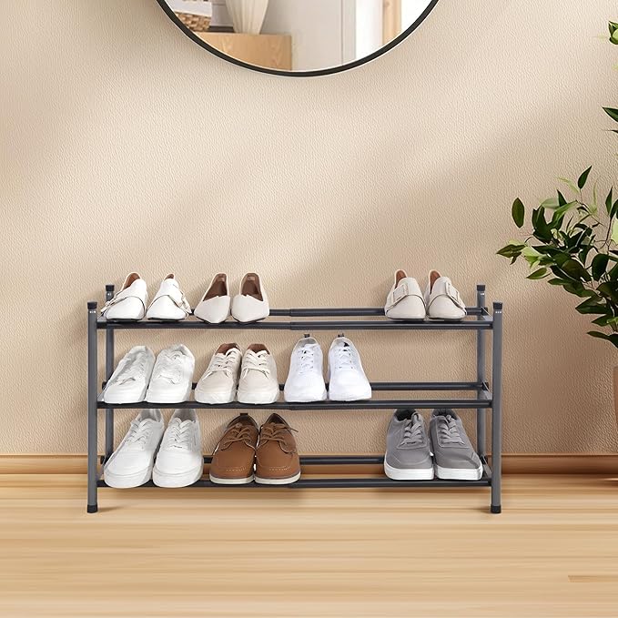 STORAGE MANIAC Expandable Shoe Rack, 12 Pairs Stackable Small Shoe Rack, Metal Adjustable Shoes Organizer for Closet, Entryway, Hallway, Garage, Front Door, Shoes Shelves, Black 3 Tier
