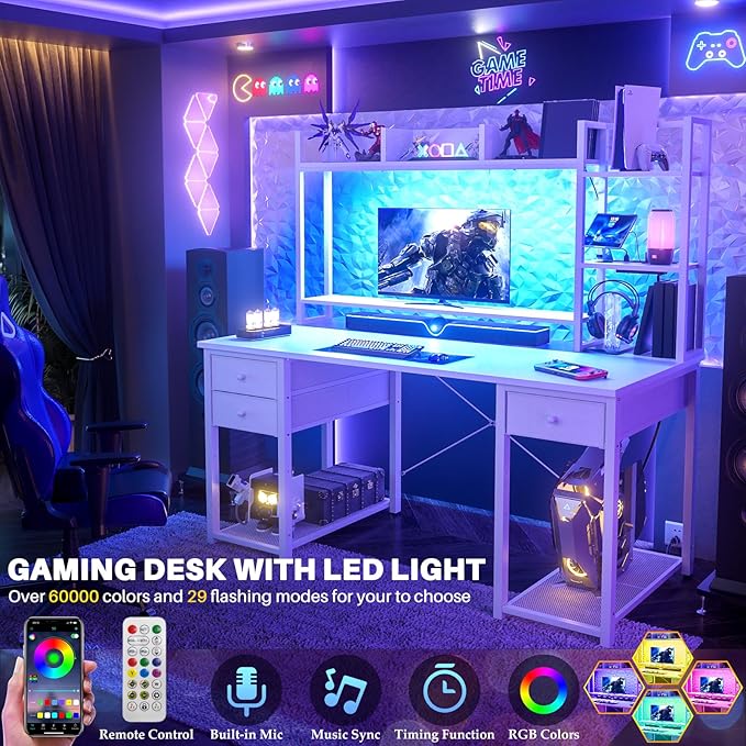 Aheaplus Desk with LED and Outlets, Gaming Desk with Hutch, 47.2'' Computer Desk with Drawers, Reversible Office Desk with Storage Bookshelf Large Workstation Desk with Shelf, Desk for Home, White