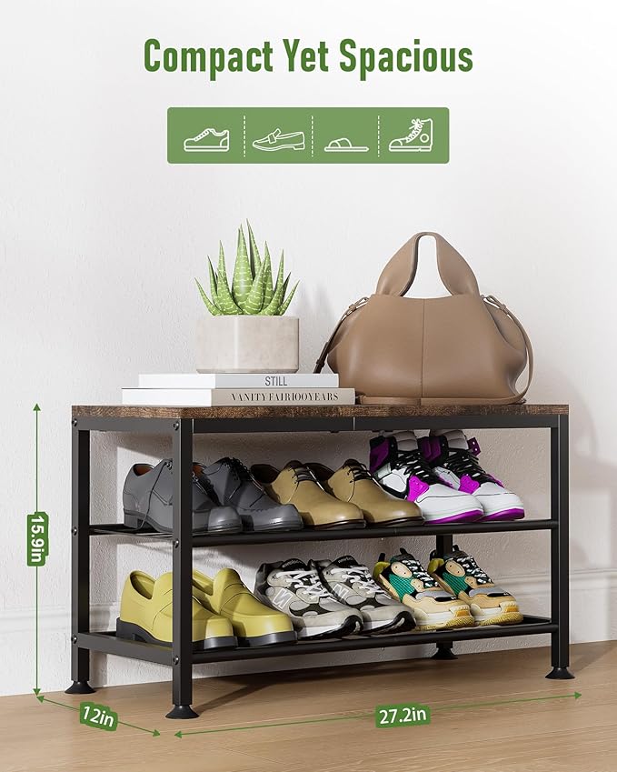 3-Tier Shoe Rack Bench - Entryway Organizer with Shoe Storage, Sturdy Shoe Shelf for Front Door, Small Space Saving Furniture, Brown, Holds 286lbs,27.2" x 12.0" x 15.9"