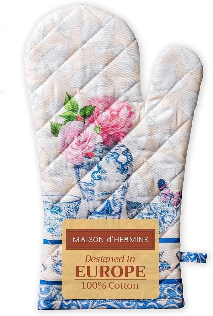 Maison d' Hermine Oven Gloves 100% Cotton Oven Mitt 7" x 13" with Loop Heat Resistant, BBQ, Cooking Gloves, Baking, Grilling, Kitchen, Handling Hot Pans Spring/Summer (Pack of 1, Canton)