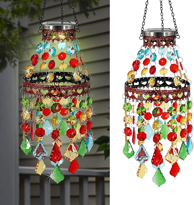 Hanging Solar Lanterns Outdoor Chandelier,2 Tier Acrylic Crystal Wind Chimes for Outside,Solar Lights Color Changing LED Outdoor Decorative for Paito,Porch,Yard