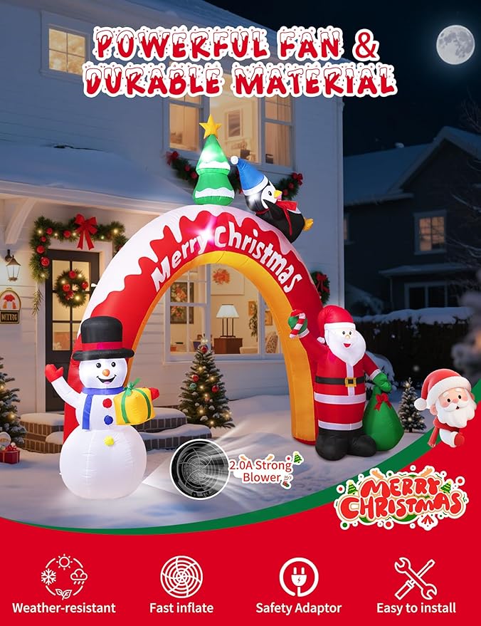 10FT Christmas Inflatables Archway with Santa Claus, Snowman & Christmas Tree, Large Blow Up Outdoor Decorations with 5 LED Lights, Self-Inflate Christmas Arch for Yard Lawn Patio Holiday Decoration