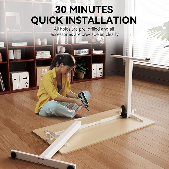 Electric Standing Desk Adjustable Height 55"x24" Stand Up Desk with Lockable Wheels Ergonomic Sit Stand Desk for for Work Office Home Computer Workstation (Wood)