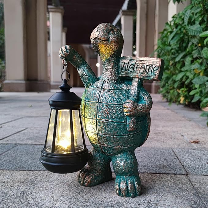 JOYBEE Garden Statues Turtle with Solar Lantern Outdoor Decor-Turtle Solar Figurines Lights Decorations for Patio Yard Lawn Ornaments-Gifts for Birthday Easter Housewarming