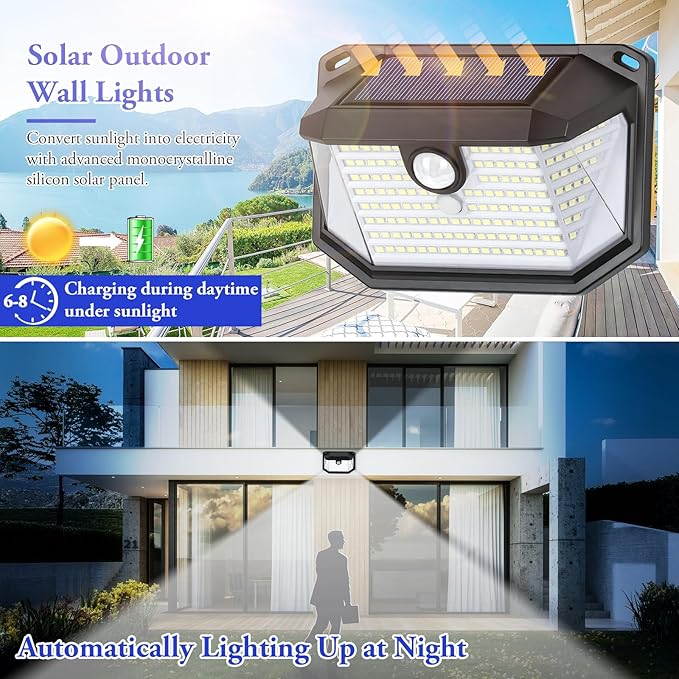 Solar Outdoor Lights, 2-Pack Super Bright 178 LEDs Motion Sensor Wall Light with 270° Wide Angle & 3 Modes, Waterproof Solar Powered Security Light for Patio Garden Garage Front Door