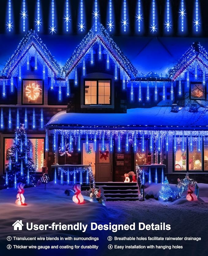 EAGWELL Christmas Lights Outdoor, 20 Inch 20 Tubes 1080 LED Blue Meteor Shower Lights, Cascading Snow Falling Icicle for Xmas Tree Yard Halloween Wedding Party Decor