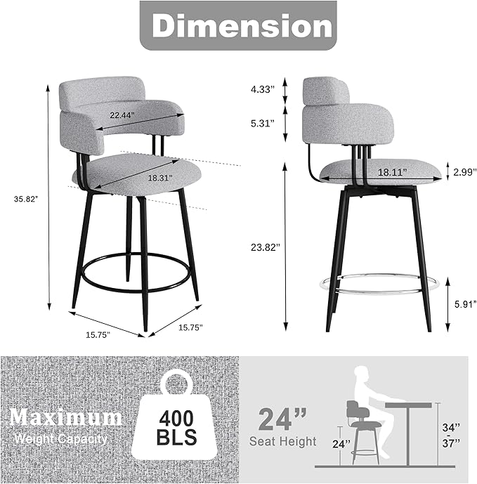 Swivel Bar Stools Set of 2, Counter Height Bar Stools with Ergonomic Full Back, Upholstered Linen Fabric Barstools with Chrome Metal Footrest for Kitchen Island, Dining Room