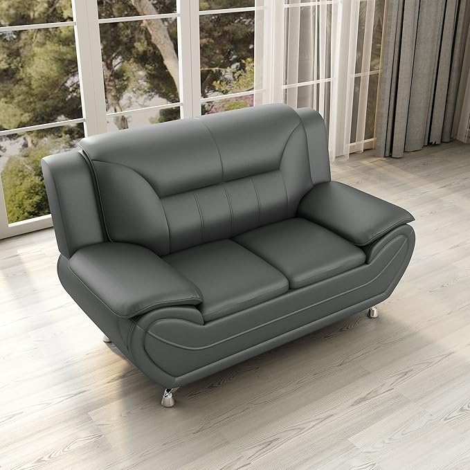 Container Furniture Direct Michael Modern Faux Leather Upholstered Stainless Steel Legs Living Room Loveseat, Gray
