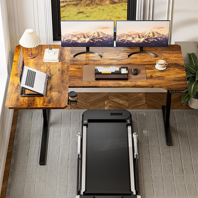 71 Inch L Shaped Standing Desk Adjustable Height, Electric Corner Standing Desk, Sit Stand Computer Table with Reversiable Splice Board, Rustic Brown