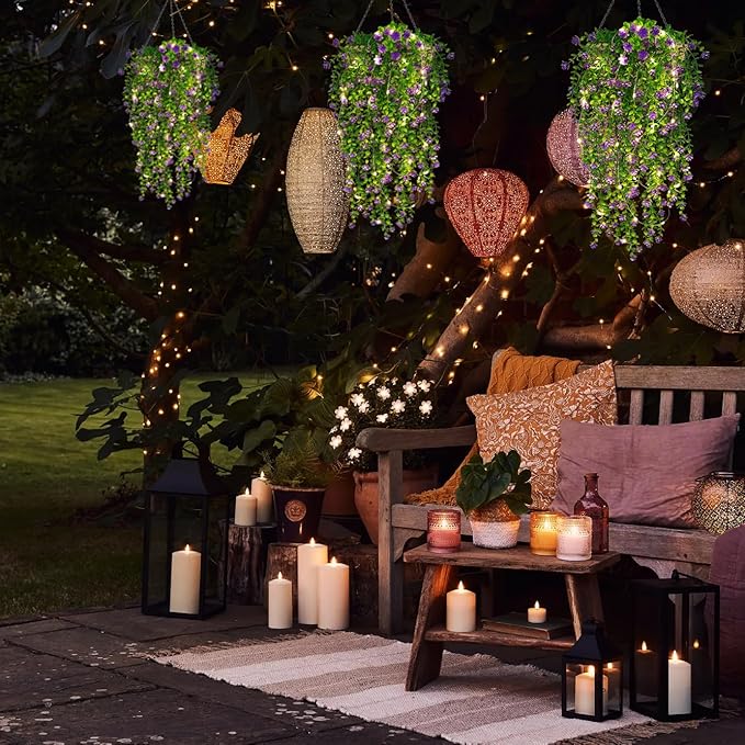 SJL Hanging Greenery 4pcs Realistic Artificial Hanging Plants with Lights Indoor Faux Ivy Plastic Flowers Green Leaves Fake Plants Eucalyptus for Bedroom Party Porch Decor (Purple)