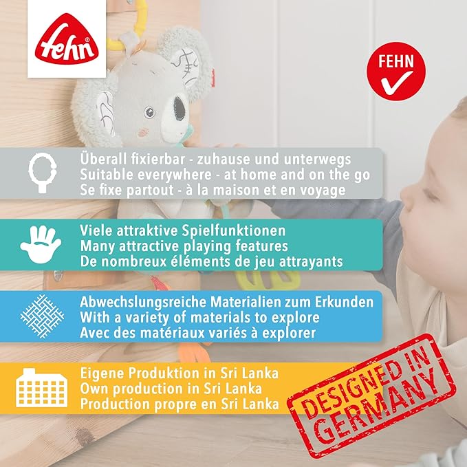 Fehn Lobster with Vibration, Motor Skill Toy for Hanging Pram, Cot and Baby Seat, for Bite, Grasping and Sound Production, Toy for Babies and Children from 3 Months