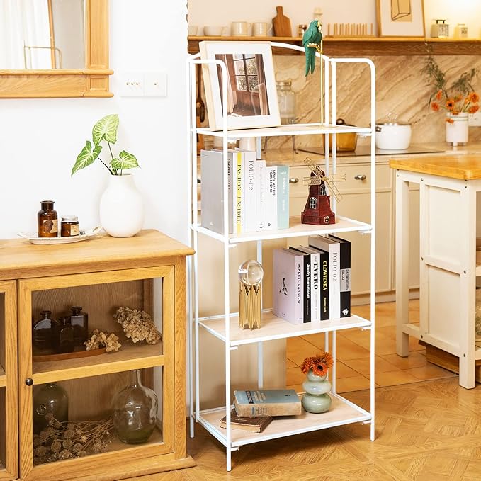 Crofy No Assembly Folding Bookshelf for Living Room, 4 Tier White Collapsible Book Shelf for Home Office, Portable Bookcase Storage Organizer