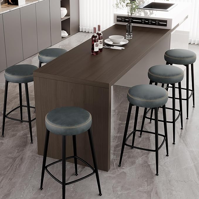 Counter Height Bar Stools, 26" H Backless Bar Stools Set of 6, Upholstered Faux Leather Kitchen Counter Stools, Mid Century Modern, Kitchen Island Home Bar, Pub, Black Blue