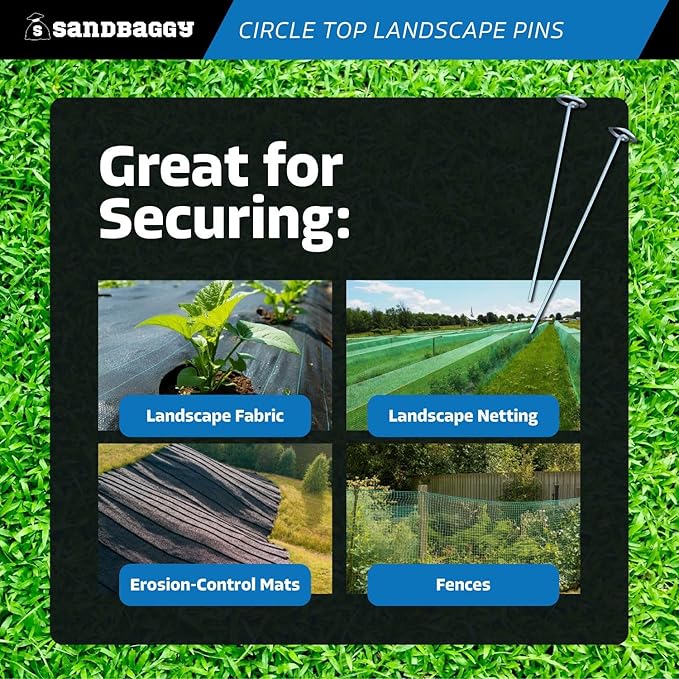 Sandbaggy 12-inch Circle Top Pins - Landscape Staples (Galvanized) - Garden Stakes for Landscaping, SOD - Heavy Duty Ground Stakes, Lawn Turf Spikes, Christmas Decorations, Weed Mats (150 Pins)
