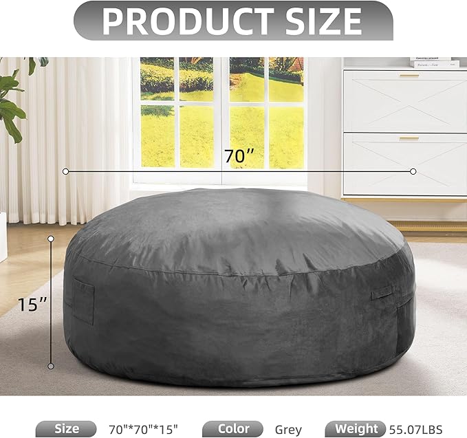 Hobestluk 6FT Bean Bag Chair Bean Bag Chairs for Adults Giant Bean Chairs with Velvet Cover, Memory Foam BeanBag Chair Fluffy BeanBag Chairs for Living Room, Bedroom- Grey (70" x 70" x 15")