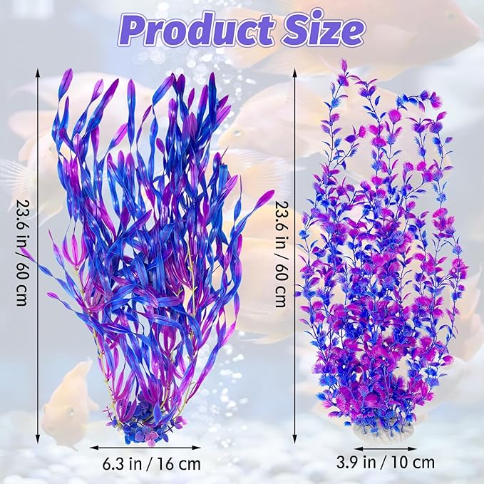 Hamiledyi Tall Aquarium Plants 23 Inches - Fish Tank Decorations, Artificial Green Water Plants Grass Cluster, Soft Plastic Fake Decor 2PCS（Purple Style C）