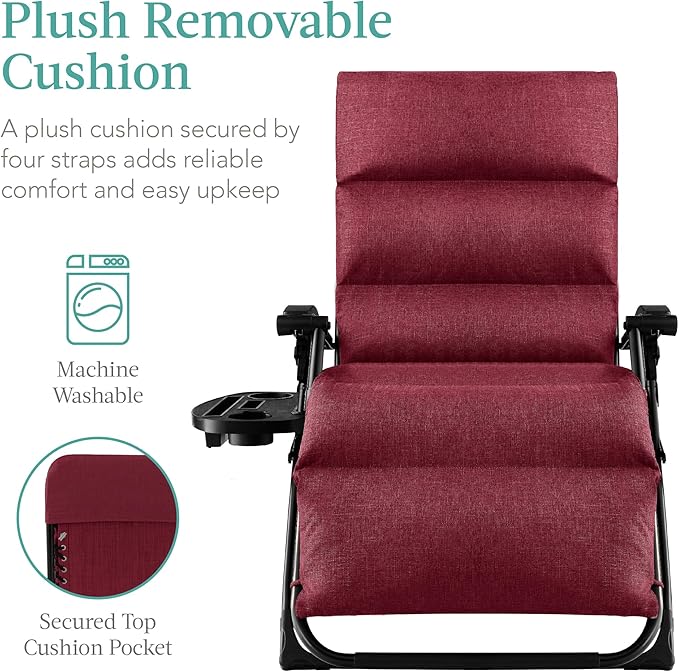 Best Choice Products Oversized Zero Gravity Chair, Folding Outdoor Patio Recliner, XL Anti Gravity Lounger w/Removable Cushion, Cup Holder, Side Tray, 350lb Capacity - Burgundy