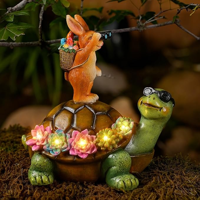 Solar Turtle Garden Statue with Bunny and LED Succulent Flowers – Outdoor Lawn Decor with Lights, Cute Animal Yard Ornament for Patio, Pathway, or Garden Gift (Turtle)