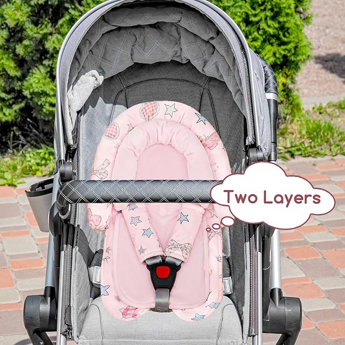 GFU Baby Car Seat Head Support for Newborn, 2 in 1 Infant Car Seat Head Body Support with Strap Pads, Soft Stroller Cushion Pillow Insert for Girls, Fits for Stroller, Swing, Pink Stars