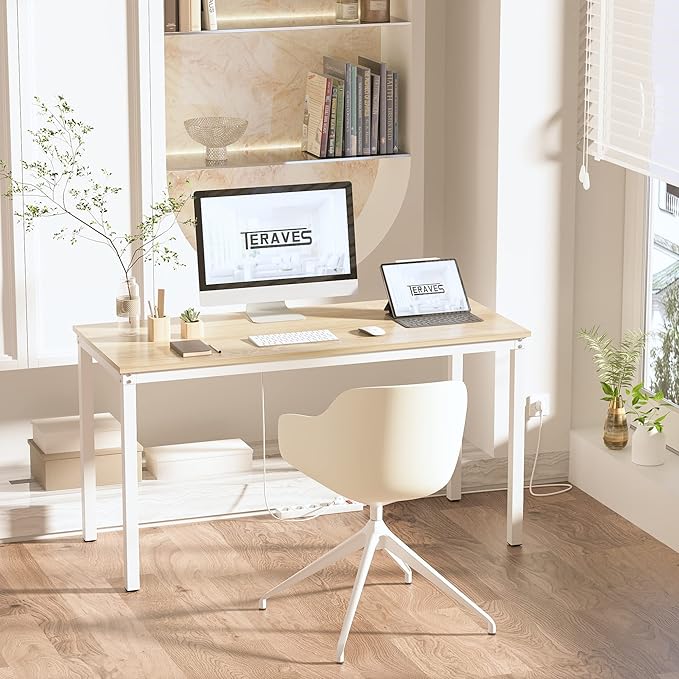 Teraves Computer Desk/Dining Table Office Desk Sturdy Writing Workstation for Home Office (47.24”, Beige + White Frame)