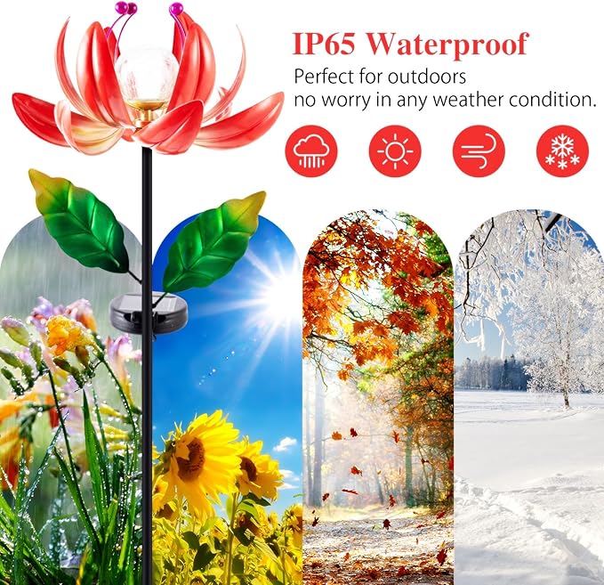 Solar Lights Outdoor Garden Decor, Solar Wind Spinner Yard Decorations for Outside, Lotus Windmill Pathway Lights with LED Cracked Crystal Ball Waterproof Flower Sculpture for Patio Lawn Garden Gifts