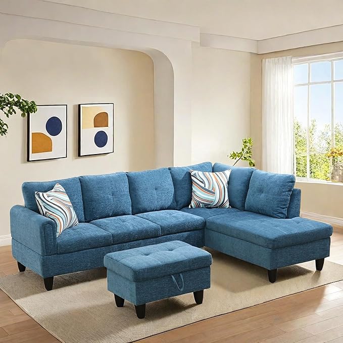 NAYSAYE Sectional Couch with Ottoman Storage, L Shaped Couch Sofa Furniture Sets, Modern Comfy Modular Comfy Sofa for Living Room Bedroom, Office and Apartment, Blue