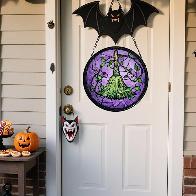 Stained Glass Window Hanging - Halloween Decorations Witch Magic Broom Suncatcher for Doors Garden Indoor Funny Spooky Sun Catchers Gothic Decor Horror Gifts for Women Men Friend 6.3 in