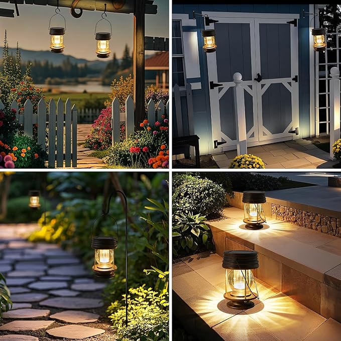 Solar Lanterns Outdoor - 2 Pack Hanging Solar Lights for Outside, Waterproof Outdoor Garden Lanterns Lamp Vintage Design for Landscape Yard Pathway Beach Pavilion Table Decoration (Warm Lights)