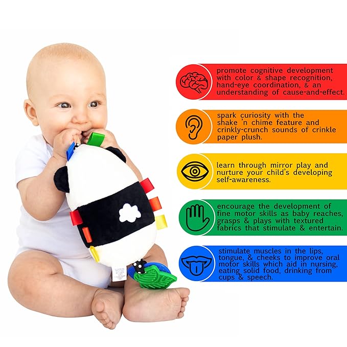 Squish 'N Play Activity Toy Panda- Multi-Sensory Learning Baby Toy - Stroller Toy, Car Seat Toy, Tummy Time Toy, Teether Toy, Baby Gift - with Mirror, Rattle & Taggies