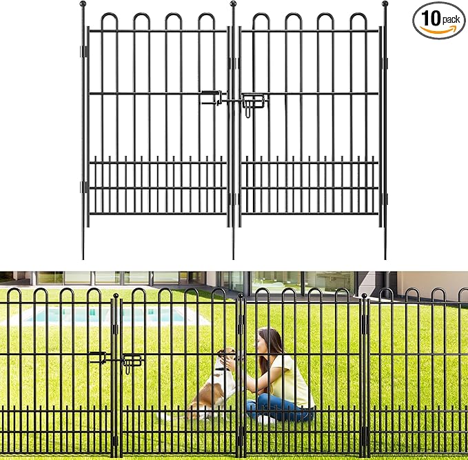 Bepatio Tall Garden Fence Animal Barrier with Gate, 39.5in (H) x 23ft (L) 10 Panels Decorative Dog Fence Outdoor for Yard, Heavy Duty Metal Fence Border, Flower Bed, Easy Setup, Black