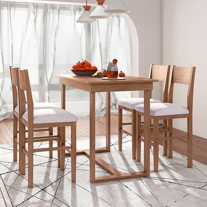 Merax Farmhouse Counter Height 5-Piece Dining Set with 1 Rectangular Table and 4 Upholstered Chairs for Small Places, Family Kitchen Furniture, Brown
