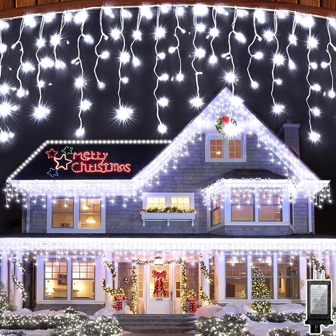 164FT 1620 LED Outdoor Christmas Lights - 360 Ice Drops, 12 Pro Modes with Timer Memory & Brightness, Waterproof Hanging Ice String Light for Holiday Wedding Garden Fence House Decor (Cool White)