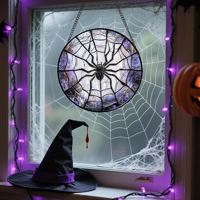 Stained Glass Window Hanging Funny Black Spider 11.8" - Suncatcher Door Garden Sunroom Sun Catcher Fall Decor Birthday Halloween for Friend Mom Men Woman Nana