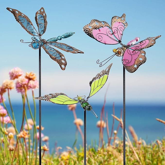 Juegoal 34 Inch Butterfly Garden Stakes Decor, Dragonfly Hummingbird Stakes, Glow in Dark Metal Yard Art for Mom, Mothers Day Ideal Gifts, Indoor Outdoor Lawn Pathway Patio Ornaments, Set of 3