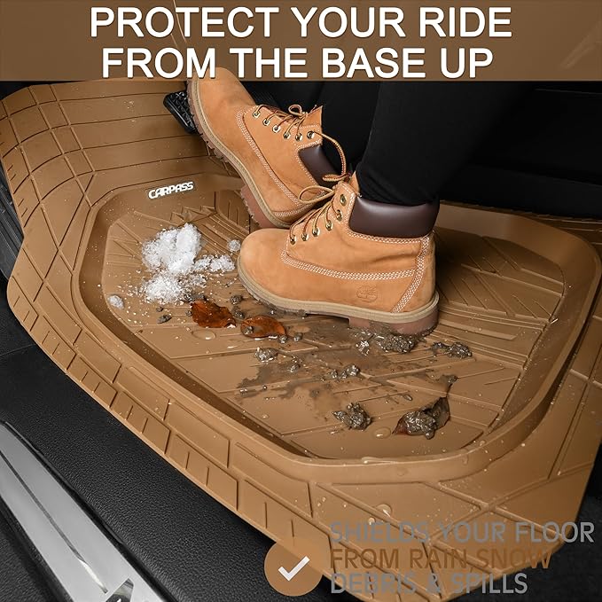 CAR PASS Tire Tread DeepDish Rubber Floor Mats for car Heavy Duty car mats All Weather, Universal XL~M Trim to Fit for Truck SUV Vehicle Automotive, Waterproof car mats 3 piece Solid Beige