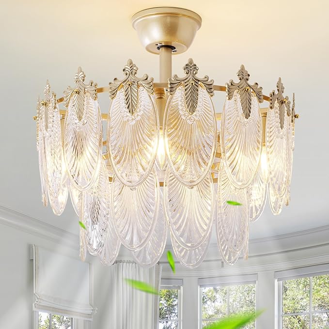 20" Gold Fandelier Ceiling Fan with Light, Gold Crystal Chandelier Ceiling Fans with Lights and Remote Control, Mid Century Enclosed Caged with 6 Speeds for Bedroom, Nursery, Living Room