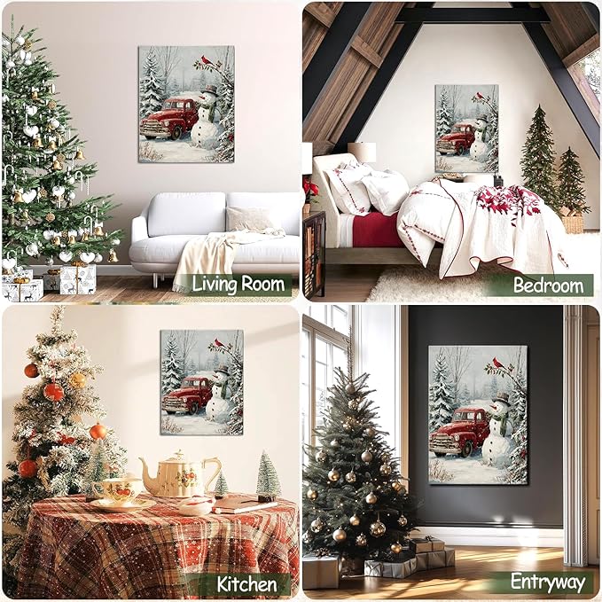 Christmas Snowman & Red Truck Canvas Wall Art - Rustic Winter Scene Framed Picture for Modern Farmhouse Home, Festive Christmas Wall Decor, Perfect Christmas Gifts & Holiday Decorations