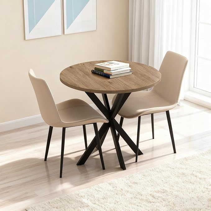 31.5" Round Dining Table and Chairs Set for 2, Small Dining Table Chairs Set Space-Saving, Round Table Set with Upholstered Chairs for Kitchen Dining Room Apartment(Natural + Beige)