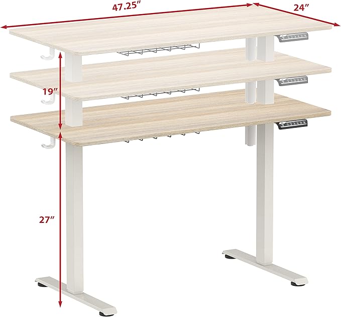 SHW 48-Inch Electric Height Adjustable Sit to Stand Desk with Hanging Hooks and Cable Management, White Frame and Maple Top