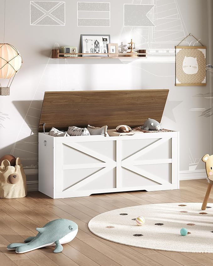 Storage Chest, 43.3" Toy Chest Storage, Farmhouse Storage Bench with Safety Hinge, Storage Trunk, for Bedroom, Living Room, Walnut and White MCW11WL