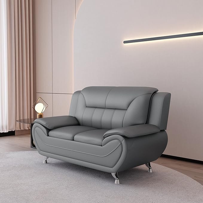 Container Furniture Direct Michael Modern Faux Leather Upholstered Stainless Steel Legs Living Room Loveseat, Gray