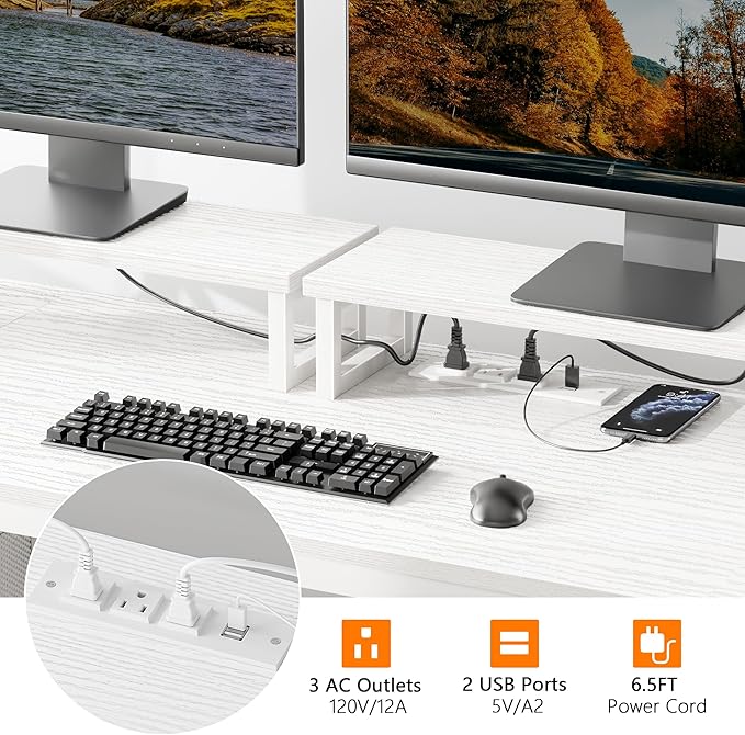Furologee 55" Computer Desk with File Cabinet and Power Outlets, Home Office Desk with 2 Monitor Stands and Storage Drawer, Writing Gaming Table with Shelves and 2 Hooks for Bedroom, White