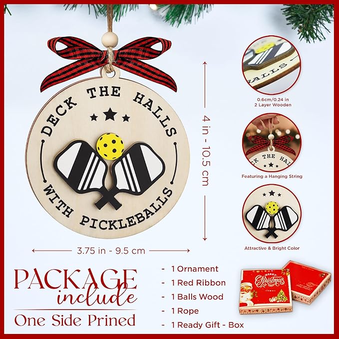 2 Layer Pickleball Christmas Ornament - Pickle Ball Ornaments for Christmas Tree - Pickleball Gifts for Women, Men Players - Sport Ornament 2025 - Pickle Ball Gifts - Deck The Halls with Pickleballs