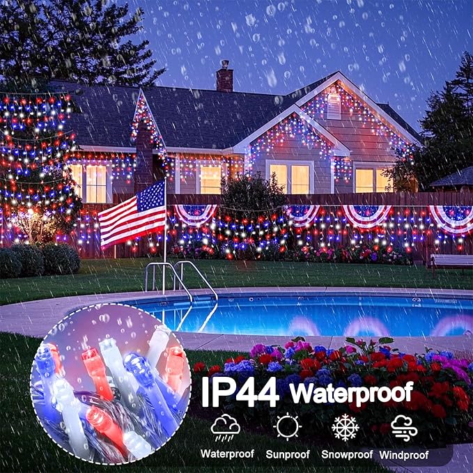 66ft 640LED Red White and Blue Lights for Christmas Decorations Outdoor Icicle Lights for Outside, Clear Wire Connectable Twinkle Light for House Party Holiday Patio Yard