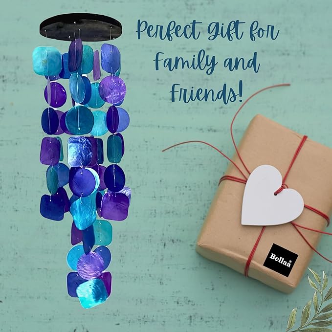Bellaa 20414 Wind Chimes Outdoor, Garden Decorations, Musical, Indoor/Outside Windchimes, Beach, Ocean Breeze, Gifts for Mom, Gift for All Occasions, Capiz Sea Glass Shells Wood Purple 27 inch
